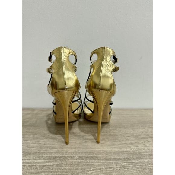 Jimmy Choo Bunting Caged Metallic Leather Strappy Heeled Sandals Black/Gold 39/9 - Picture 5 of 7